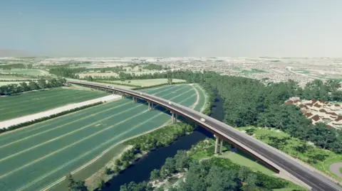 Shropshire Council A computer generated image of a single carriageway bridging over a river and farm fields, with trees and houses in the background.