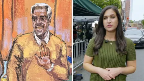 The BBC's Nada Tawfik in a green top walking outside court with Diddy on the left.