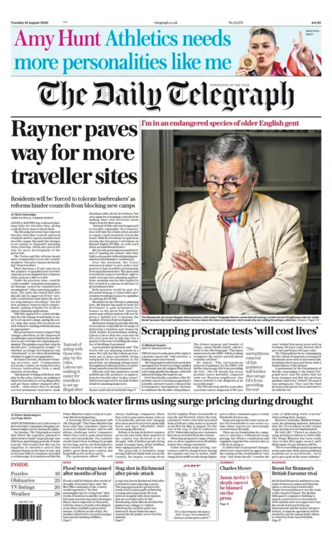 The headline on the front page of the Daily Telegraph reads: "Rayner paves way for more traveller sites.