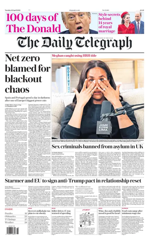 The headline on the front page of The Daily Telegraph reads "net zero blamed for blackout chaos."