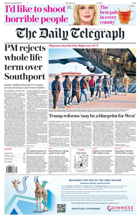 The headline in the Telegraph reads: "PM rejects whole life term over Southport". 