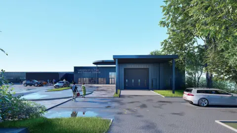 Artist impressions show a modern looking fire station with flat roofs and parking spaces. 