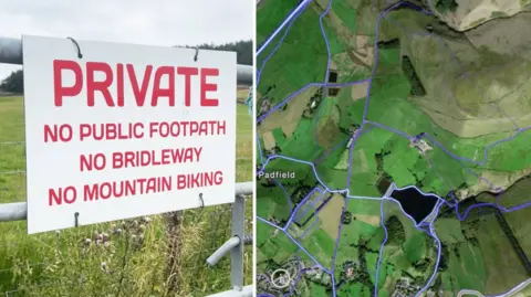 BBC/STRAVA Two images. Left, a sign on a farm gate reading 'PRIVATE: NO PUBLIC FOOTPATH, NO BRIDLEWAY, NO MOUNTAIN BIKING.' Right, a screenshot of a map from the running app, Strava. Purple routes are highlighted on the map, one of which passes through a farm.