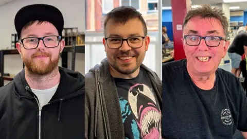 BBC News / Josh Gorroño Chapman Three photos, left to right, show Connor O'Neill, Chris Taylor and Paul Atkin. All three wear black rimmed glasses, Connor has a trimmed ginger beard and wears a black cap and hoodie, Chris wears a venom t-shirt with a grey hoodie