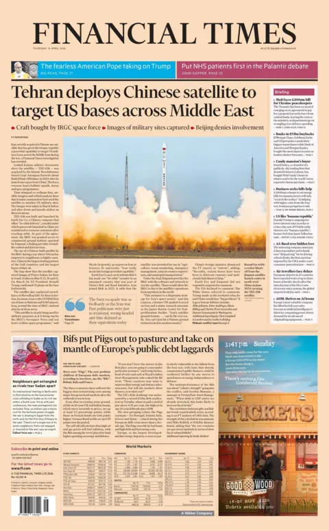 "Tehran deploys Chinese satellite to target US bases across Middle East," reads the headline on the front page of the Financial Times.