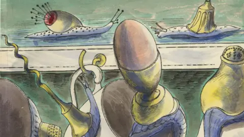 Edward Bawden A number of snails in an illustration, with an egg cup also drawn. Two are moving along the top, and the others are below. The colours are blue, yellow, green and brown. 