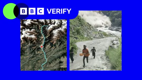A composite image showing map and a screengrab from a verified video that has emerged from Nepal following floods. The picture on the left shows a map of the Trishuli river, the picture on the right shows people fleeing from the flood water