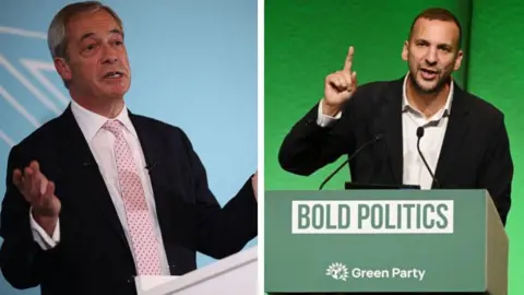 EPA/PA Media A composite image of Nigel Farage and Zack Polanski giving speeches. Mr Farage is wearing a dark suit and a pink tie and Mr Polanski is wearing a dark jacket and white shirt. 