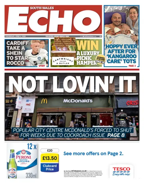 South Wales Echo South Wales Echo front page with the splash headline "Not Lovin' It - popular city centre McDonald's forced to shut for weeks due to cockroach issue".