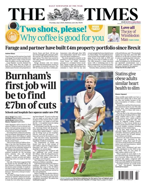 "Burnham's first job will be to find £7bn of cuts" reads the headline on the front page of the Times.