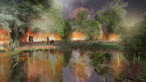 A depiction of forests on fire, with a silhouette of a woman pushing a push chair next to a lake