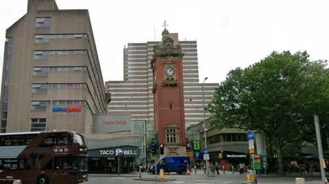 Google Streetview image of the clocktower and Victoria shopping centre