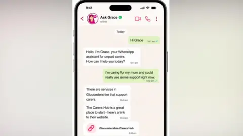 Gloucestershire County Council An image of a phone screen showing a mocked up Whatsapp chat with the Ask Grace service.
