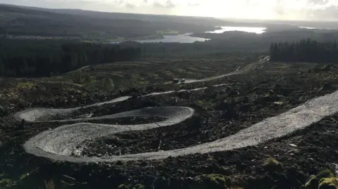 Alex MacLennan A cycle route with steep sides winds down through an open shrub and moorland landscape with Kielder Reservoir in the distance.