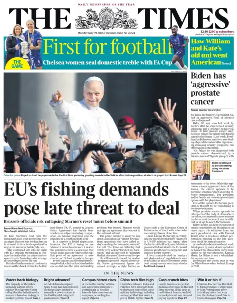 The front cover of the Times which reads EU's fishing demans pose late threat to deal.