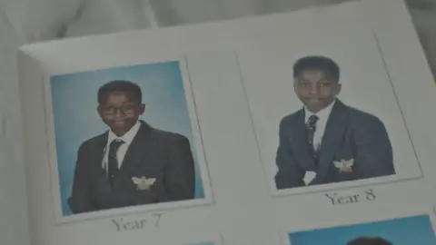 Bedfordshire Police/Channel 4 A screenshot from the documentary glimpses inside a yearbook where there are photos of Ashraf in Year 7 and Year 8
