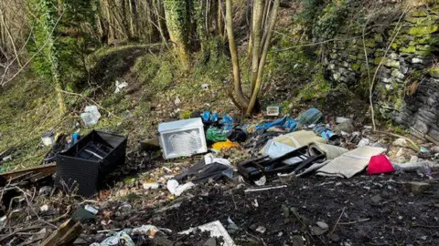 Image shows fly tipped rubbish in a public space with trees next to a stone wall.
There is an upturned sofa to the left of shot, an open white fridge and carpets. 