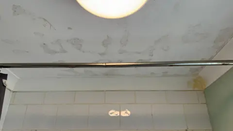 BBC A white roof with patches of damp and mould all over it and a yellow green patch of staining in the top right hand corner. A metallic pole is going through the centre of the image. 