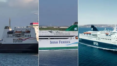 Condor, Irish Ferries, barcos DFDS de Condor, Irish Ferries y DFDS, mostrando los logotipos de las empresas en los costados de los barcos