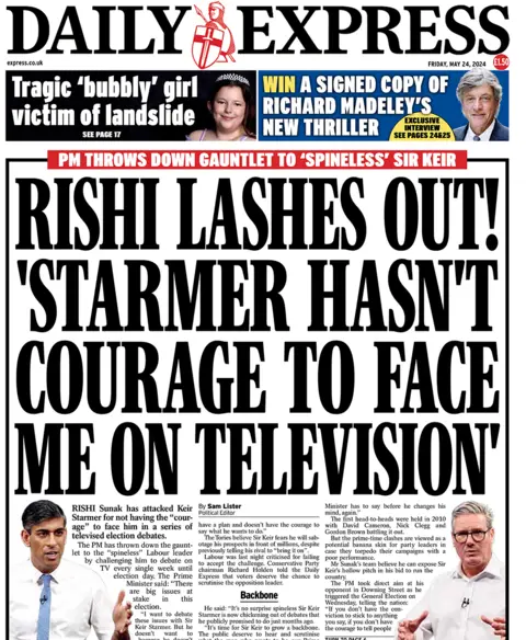 Daily Express headlines "PM throws down gauntlet to 'spineless' Sir Keir"