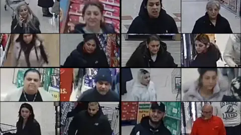 A collection of 16 people in supermarket settings. Each small image is from CCTV.