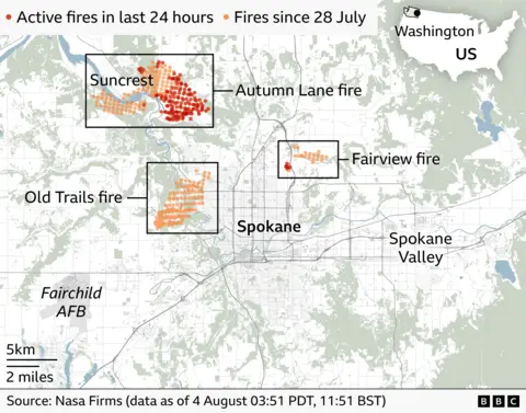 A map of the wildfires surrounding Spokane in Washington state
