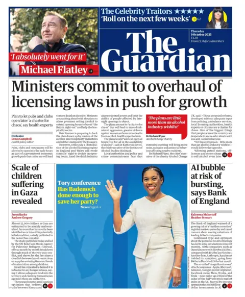 "Ministers commit to overhaul of licensing laws in push for growth," leads the headline on the front page of the Guardian.