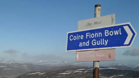 SAIS Southern Cairngorms The signs read: "Glas Maol" "Coire Fionn Bowl and Gully" and "Coire Fionn"