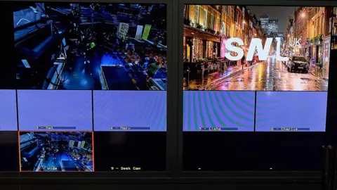Sky SNL TV gallery showing control panel, title screen and studio camera feed.