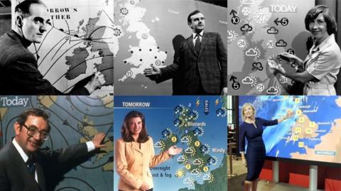 Montage of BBC Weather presenters George Cowling, Bert Foord, Barbara Edwards, Ian McCaskill, Helen Young and Carol Kirkwood