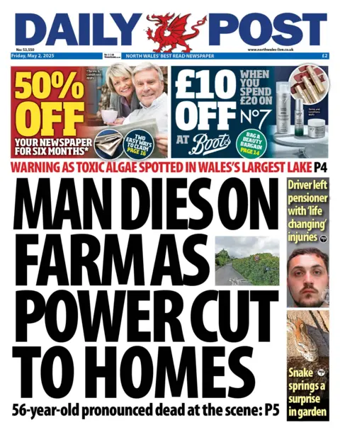 Daily Post Front page of the Daily Post. Main headline reads: Man dies on farm as power cut to homes. 56-year-old pronounced dead at the scene. Other headlines read: Driver left pensioner with 'life-changing' injuries, warning as toxic algae spotted in Wales' largest lake and snake springs surprise in garden. 