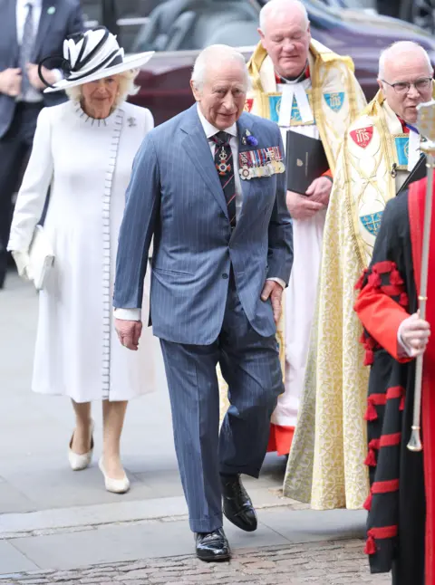 Getty Images The King and Queen arriving at Westminster Abbey for a Thanksgiving Service. 