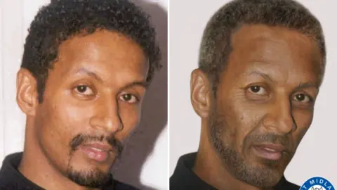 Andrew Dill from 2003 and how he might look now - on the left, he has short black hair; on the right, black and grey hair. On the left, a short dark goatee, on the right, a short beard. In both cases he wears a black top.