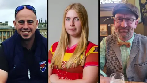 A composite of Martyn Sadler, wearing a rugby kit and smiling, Jennie Logan, wearing a red and yellow short-sleeve top, and Dave Chester who is wearing a grey flat cap and suit and is holding a pint glass.
