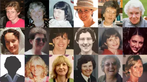 A compilation of 18 photos showing women who were former patients of Ian Paterson. One of the photos is a black and white silhouette.