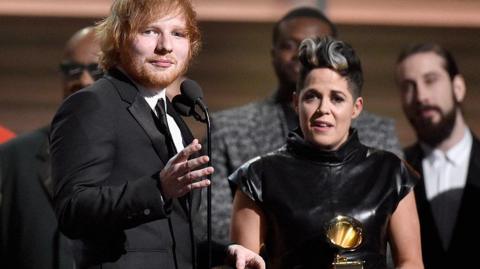 Ed Sheeran and Amy Wadge collecting a Grammy for Thinking out Loud in 2016