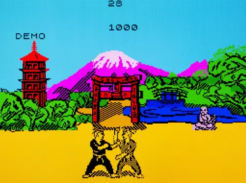 Alamy A screengrab of gameplay from The Way of the Exploding Fist. It shows two characters in martial arts clothing fighting each other. The backdrop shows a temple, shrine, mountain and another person watching the fight