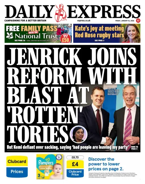The headline on the front page of the Daily Express reads: "Jenrick joins reform with blast at 'rotten' Tories."