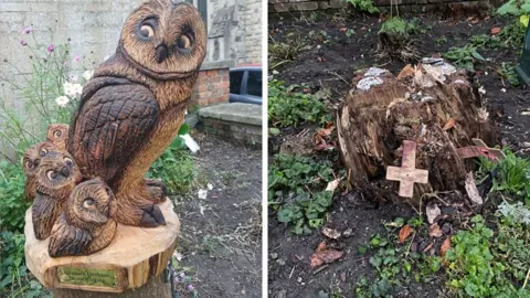 A split photo showing on the left a wooden sculpture of an owl sitting with owlets behind it. The sculpture is on a tree stump. On the right, the tree stump is empty with damaged Remembrance crosses on it.