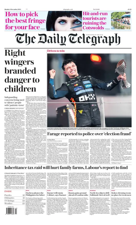 "Right wingers branded danger to children," reads the headline on the front page of the Daily Telegraph.
