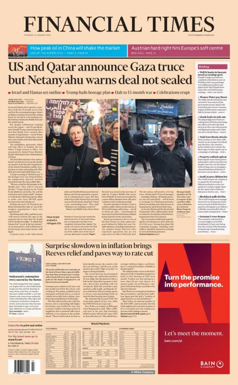 The headline on the front page of the Financial Times read: "US and Qatar announce Gaza ceasefire but Netanyahu warns no deal has been reached"