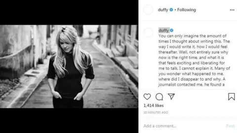 Instagram Black and white picture of Duffy, with a cation from Instagram
