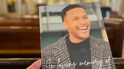An order of service for the funeral featuring a smiling Joe Thompson.