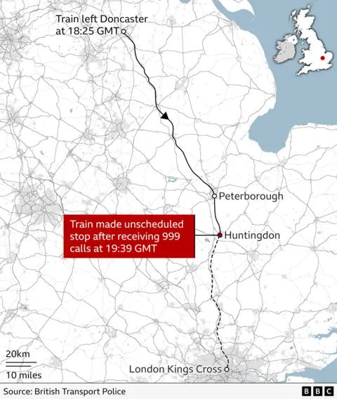 Graphic map showing the train route from Doncaster, down to Peterborough and then on to Peterborough.