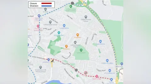 An aerial google maps image of Ludlow with Sheet Road covered in a red dotted line. A blue dotted line forms a diversion from Lower Galdeford, through Gravel Hill, and down the A49.