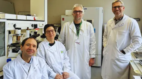 University of Essex Three men and a woman standing in a laboratory, all wearing white lab coats. They are smiling.