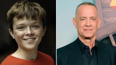 Side by side images of Finn Guegan and Tom Hanks. Finn is wearing an orange top and Hanks is wearing a black shirt and black suit jacket. 