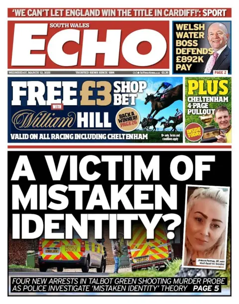 South Wales Echo South Wales Echo front page with top story headline "A victim of mistaken identity" with photo of victim and ambulances at the scene 