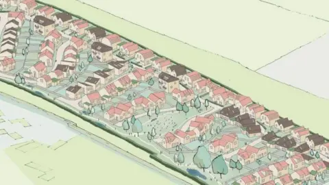 Local Democracy Reporting Service An artist's impression of 150 homes on a long field, surrounded by green fields. There are trees and areas of green space around some of the homes.