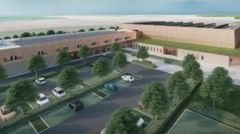 KSS/Willie McKay An artist impression of the Artist's impression of Doncaster City Elite Training Centre. In the foreground is a tree lined car parking area, whilst the background host a redbrick building with solar panel's on the roof and the countryside reaching out in the distance behind the multi storey building.